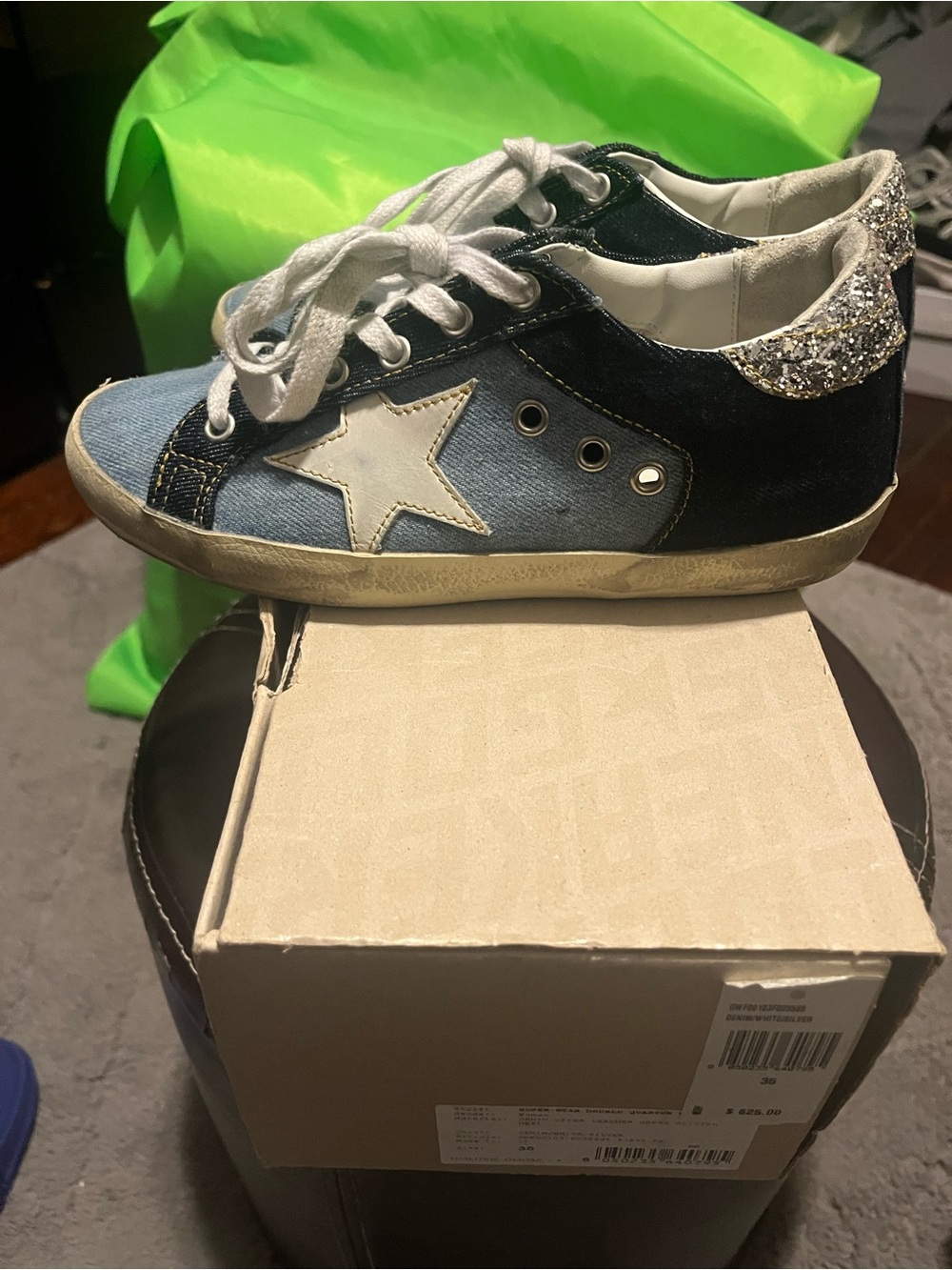 Golden Goose Denim & Navy Star Sneakers with Glitter Heel